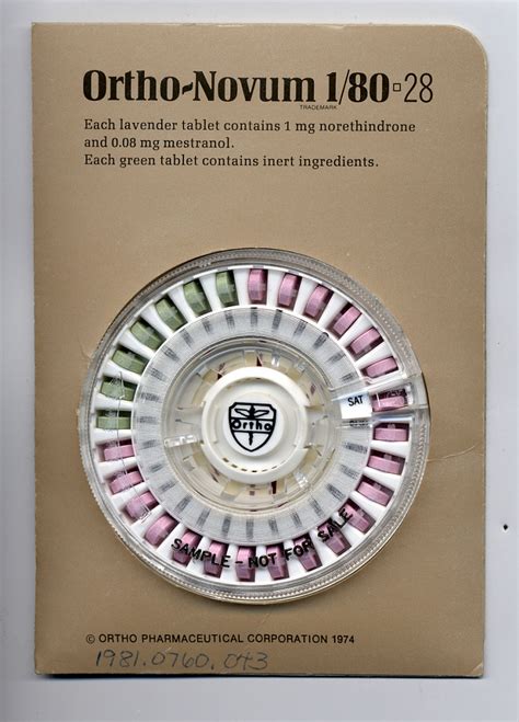 Ortho novum - The Ortho Pharmaceutical Corporation of Raritan, New Jersey, produced this Ortho-Novum 1/80 brand oral contraceptive around 1971. Three monthly cycles of 21 pink pills (63 total) are contained in Ortho’s trademarked DialPak dispenser. The DialPak, introduced in 1963, was the first oral contraceptive package to incorporate a “memory aid ... 